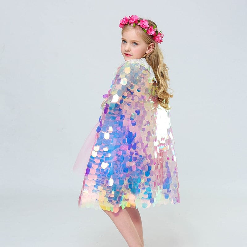 Fashion Glitter Multicolor Sequins Shawl Shiny Girls Cloak Blingbling Fairy Princess Cape Christmas Party Halloween Kids Clothes