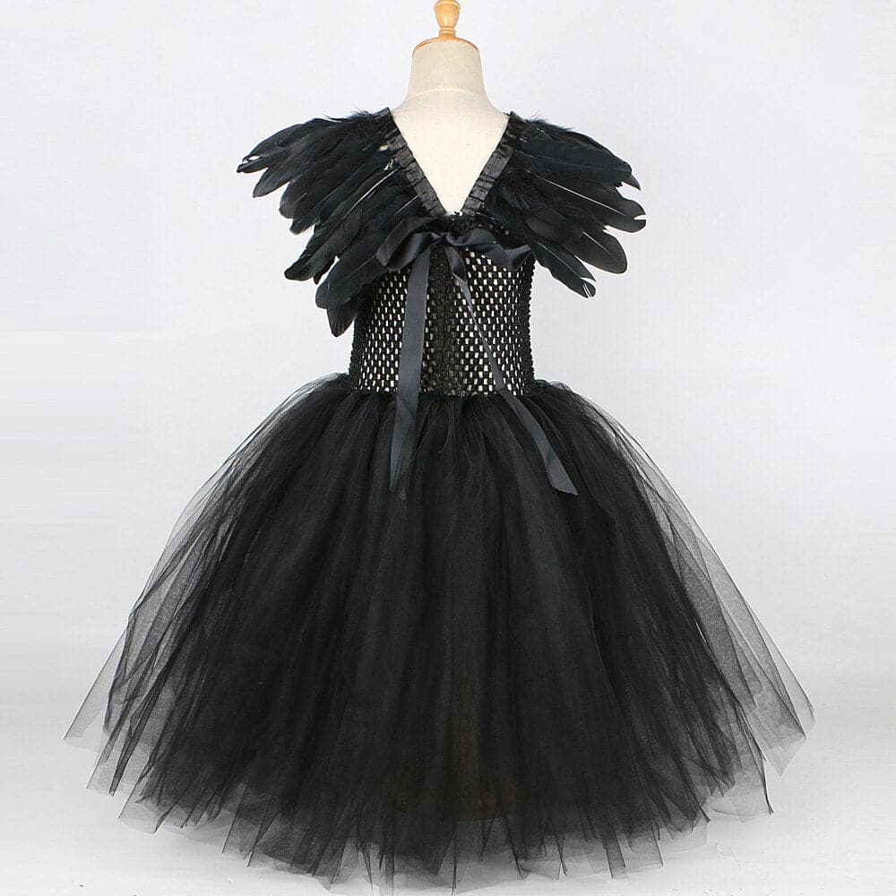 Black Feather Halloween Costumes for Girls Kids Evil Queen Long Tutu Dress with Horns Wings Villian Witch Cosplay Outfit Set