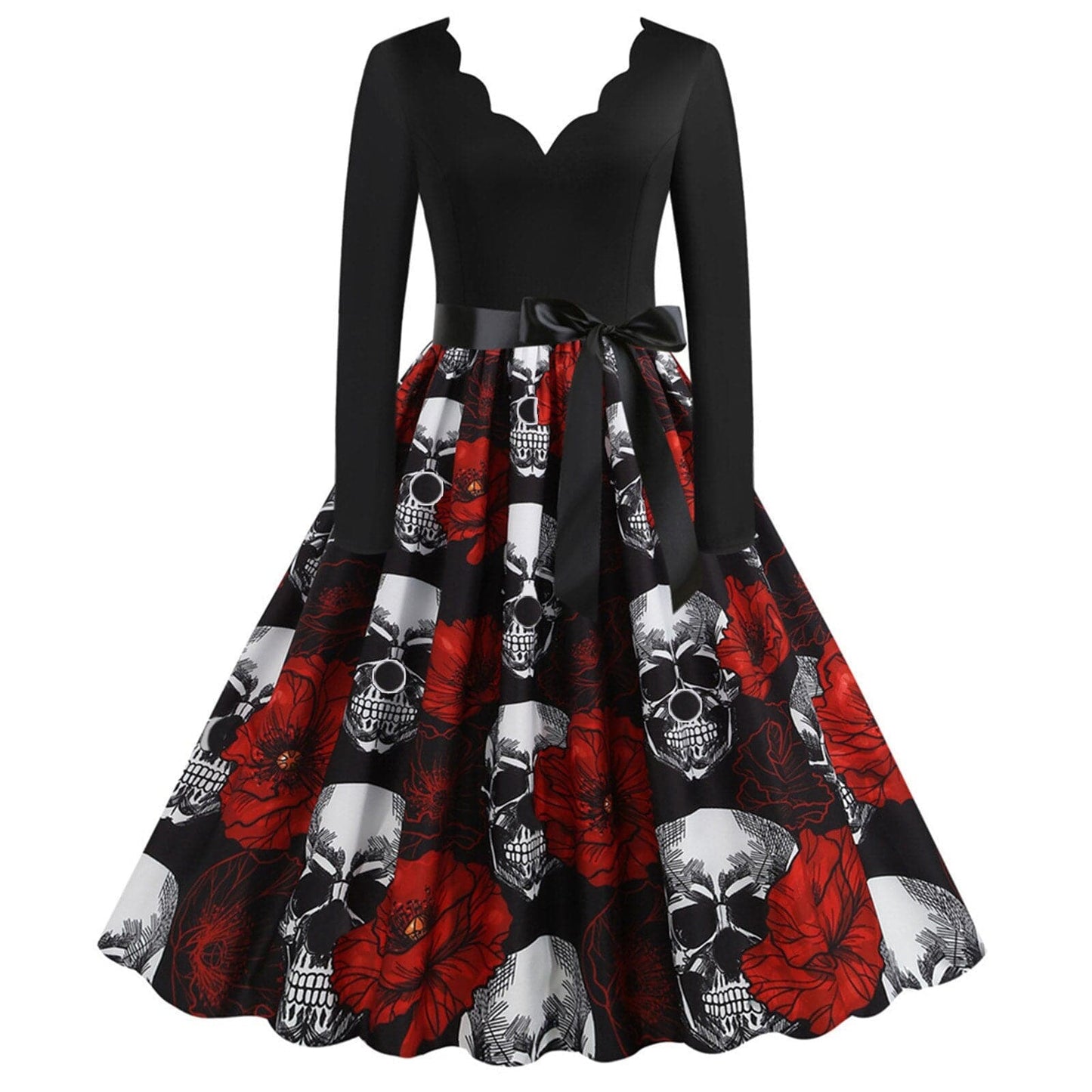 Skull Print Halloween Costumes For Women Long Sleeve 1950s Housewife Evening Party Prom Dress Elegant Scary Cosplay Costumes