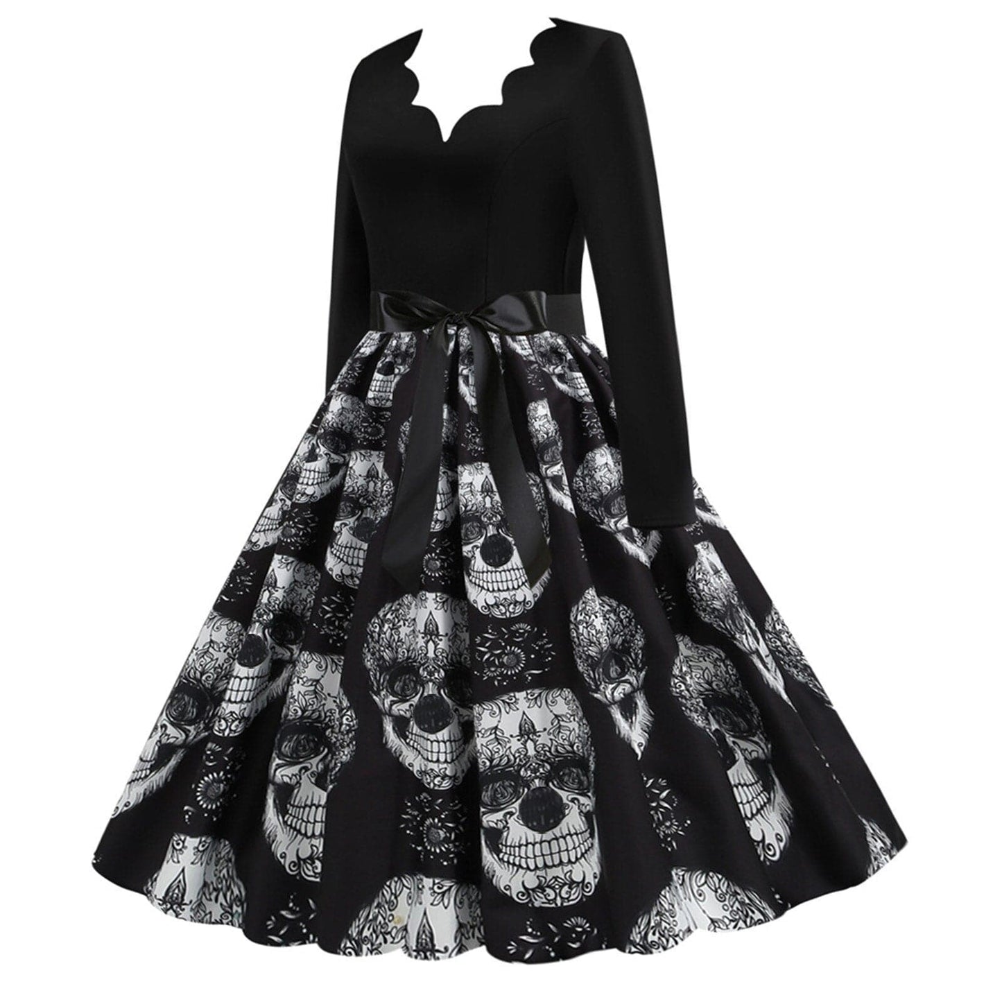 Gothic Skull Print Dress for Halloween - Vintage Long Sleeve Party Prom Dress