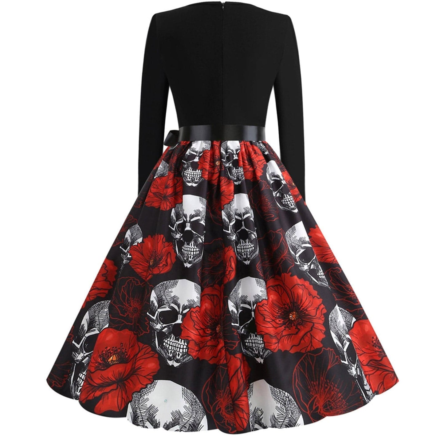 Skull Print Halloween Costumes For Women Long Sleeve 1950s Housewife Evening Party Prom Dress Elegant Scary Cosplay Costumes