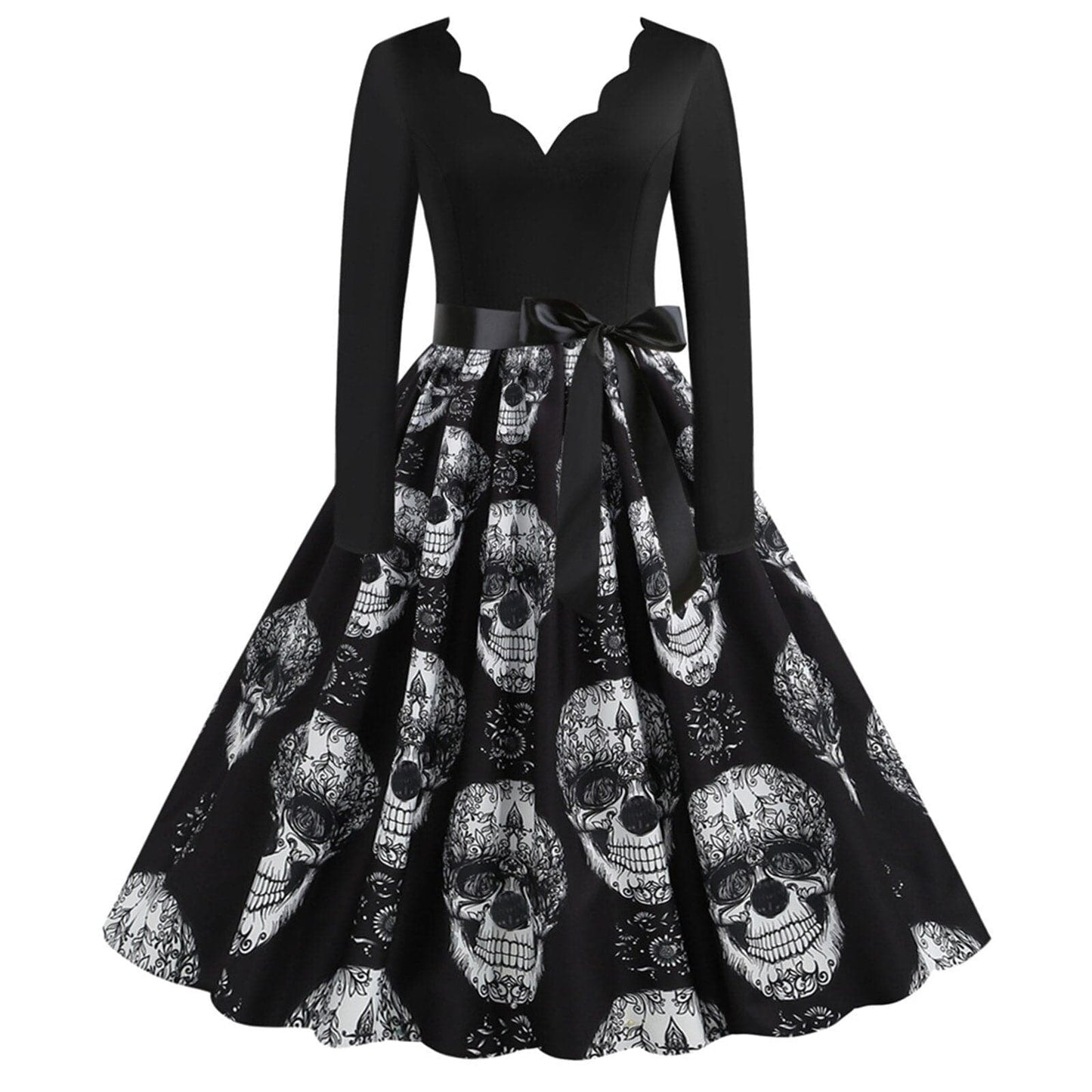 Gothic Skull Print Dress for Halloween - Vintage Long Sleeve Party Prom Dress