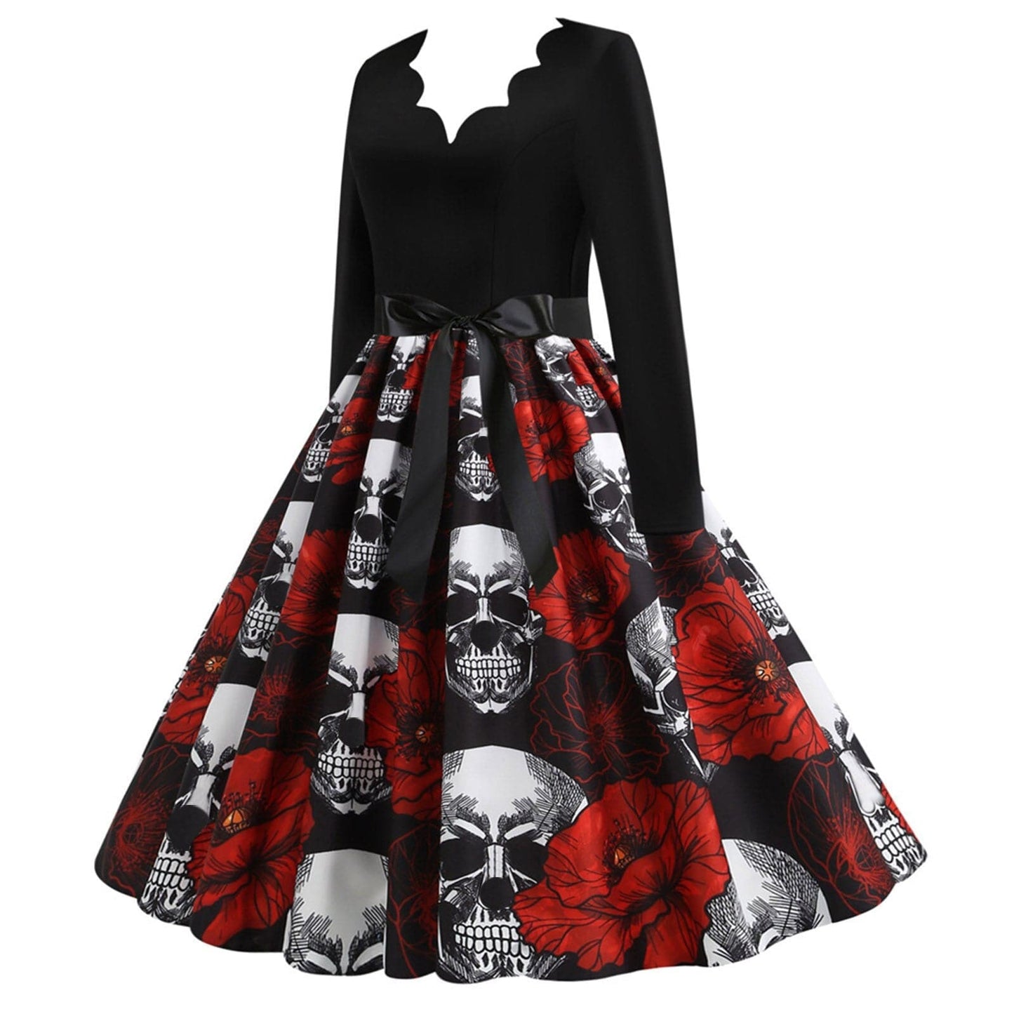 Skull Print Halloween Costumes For Women Long Sleeve 1950s Housewife Evening Party Prom Dress Elegant Scary Cosplay Costumes