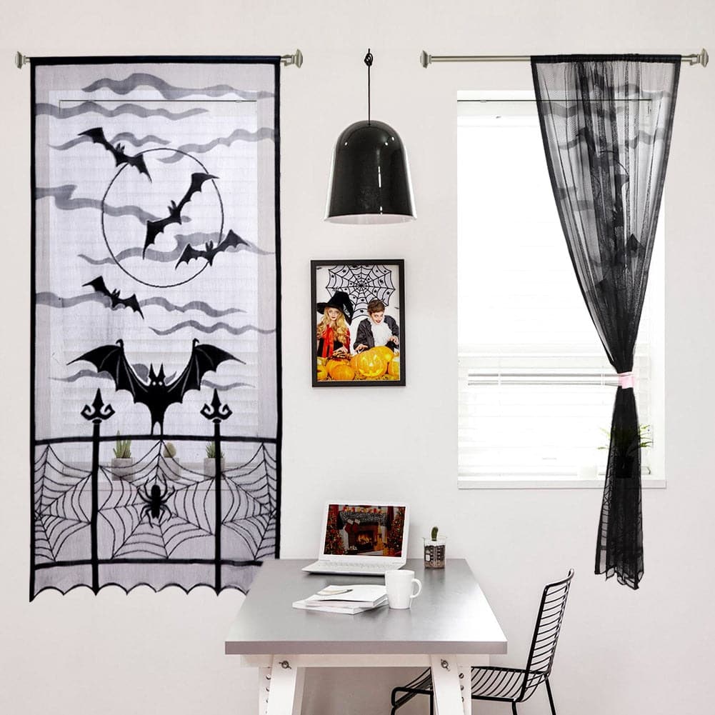 OurWarm  Halloween Curtains Black Bat Halloween Lace Window Curtain Lace Door Curtain Panels for Halloween Window Decoration