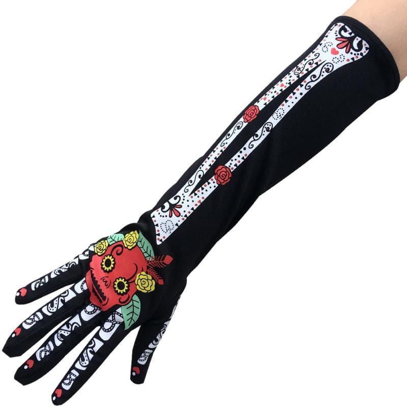 Halloween Gloves Skeleton Long Gloves Short Gloves Halloween Cosplay Ghost Face Flower Bones Skeleton Show Short Gloves C020
