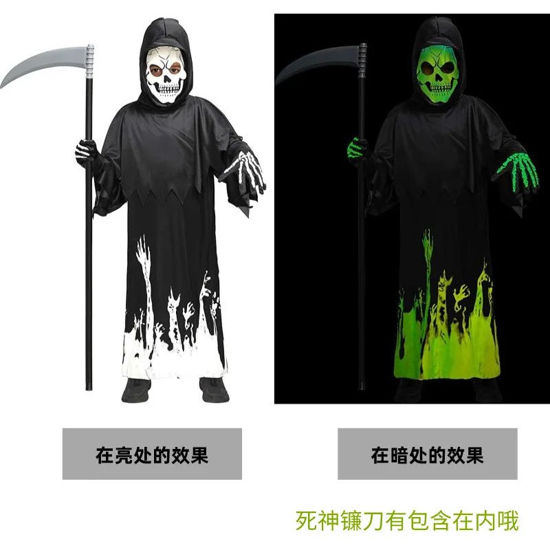 Halloween Costume for Kids Glow Grim Reaper Boys Girls Cosplay Scary Black White Gown Glove Sickle Animation Clothes Suits