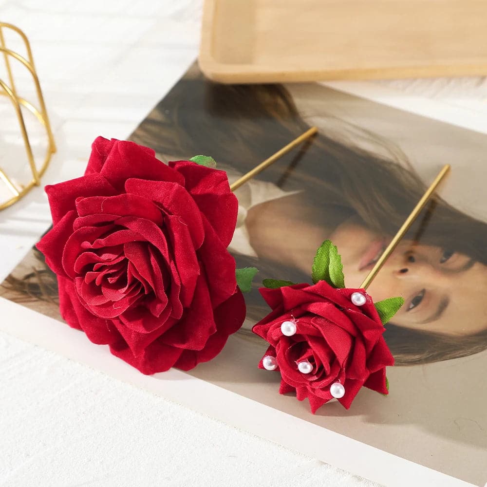 Red Rose Flower Hair Sticks For Women Romantic Festival Hair Clips Girls Fashion Elegant Ponytail Hairpin Hair Accessories