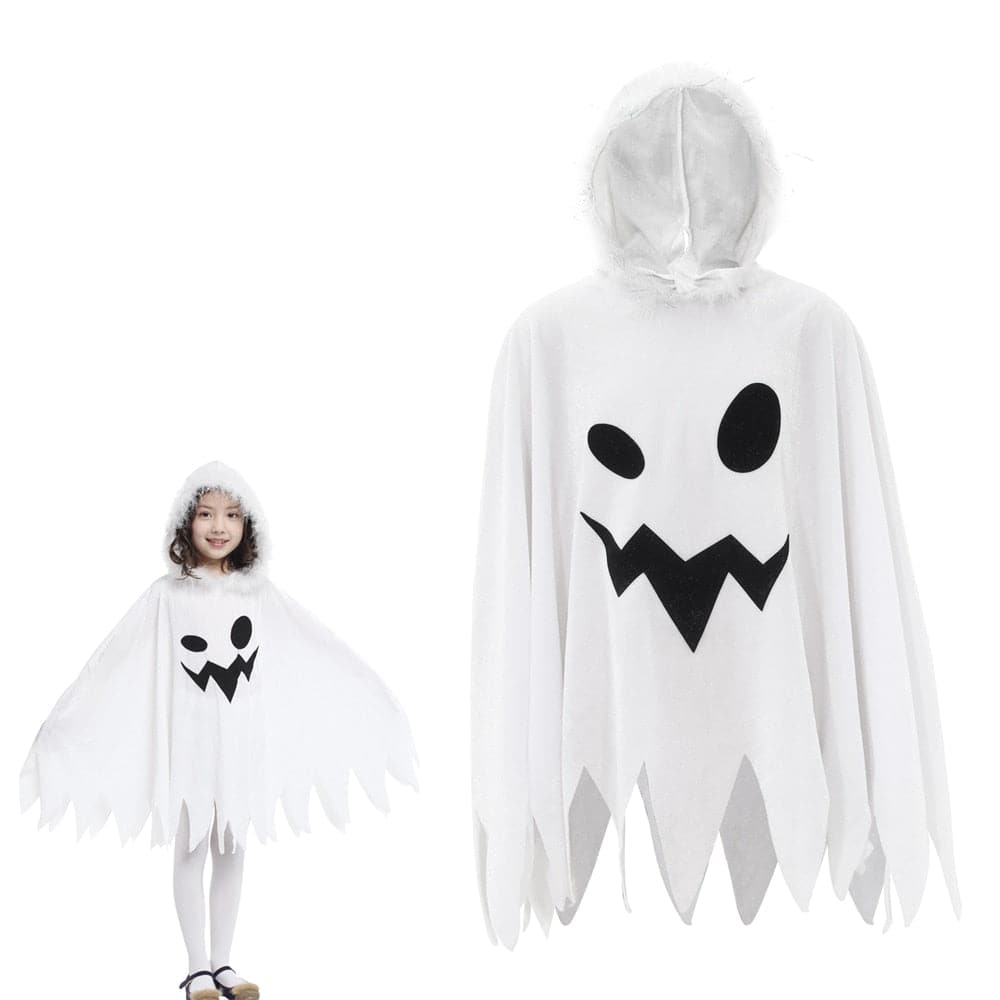Halloween Carnival Cloak with Hood: White Ghost Costume for Girls