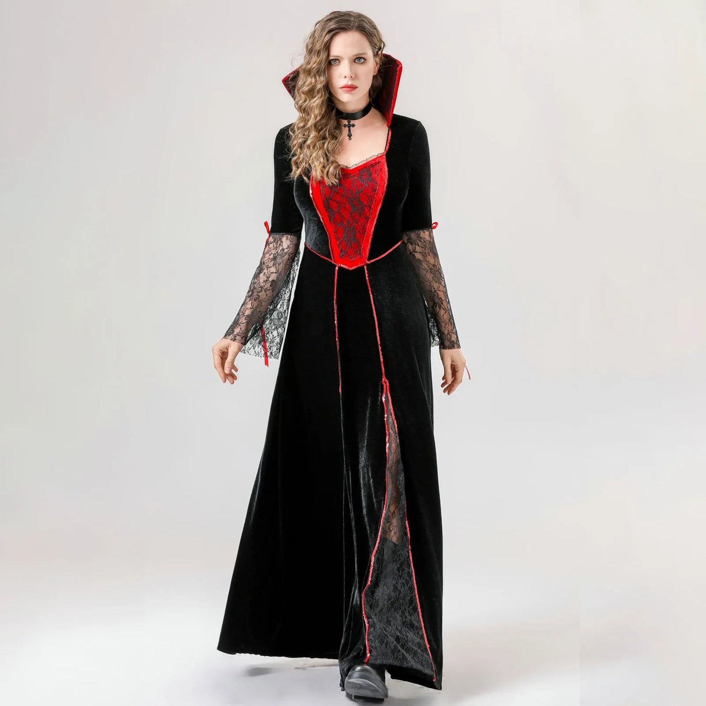 Women'S Halloween Costumes Red And Black Cos Vampire Long Dress Costume With Neck Ornaments Set Exquisite Mesh Patchwork Dresses