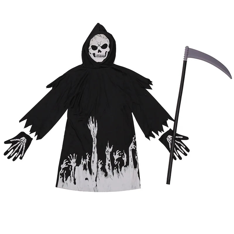 Halloween Costume for Kids Glow Grim Reaper Boys Girls Cosplay Scary Black White Gown Glove Sickle Animation Clothes Suits