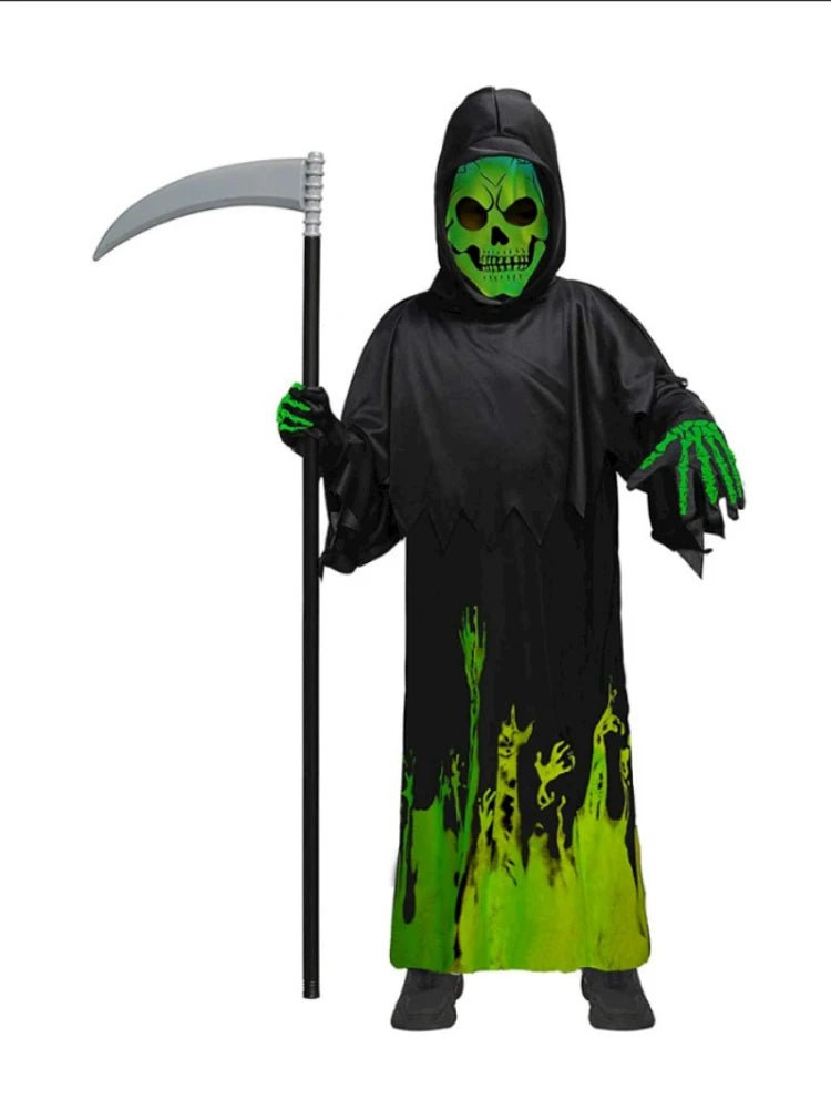 Halloween Costume for Kids Glow Grim Reaper Boys Girls Cosplay Scary Black White Gown Glove Sickle Animation Clothes Suits