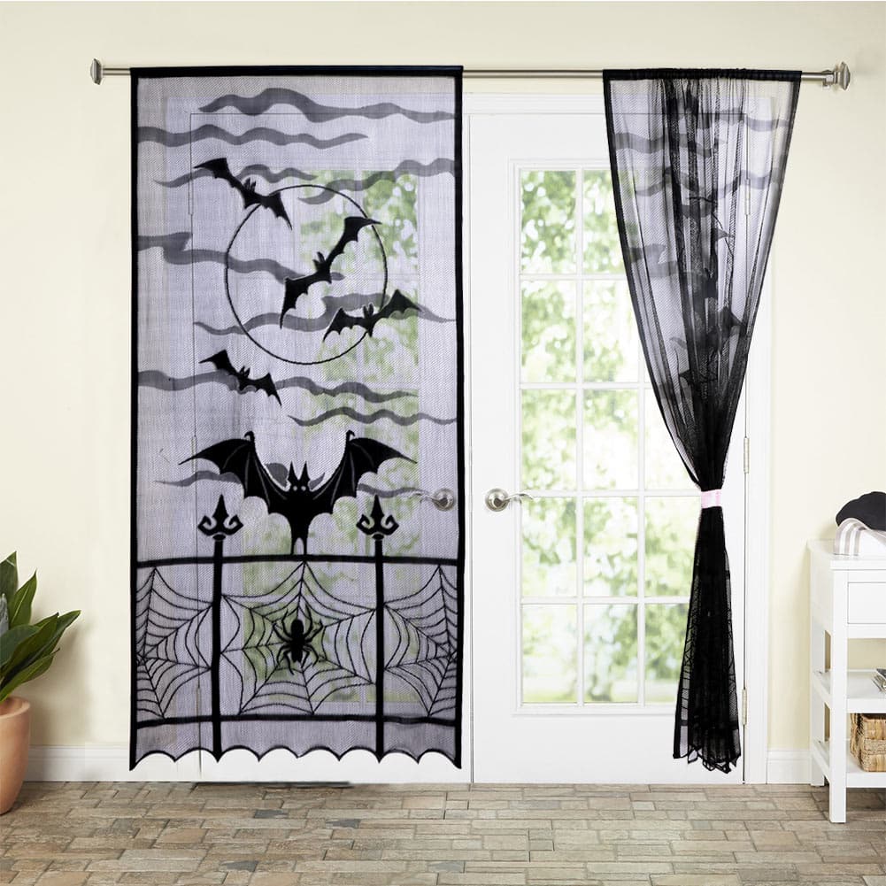 OurWarm  Halloween Curtains Black Bat Halloween Lace Window Curtain Lace Door Curtain Panels for Halloween Window Decoration