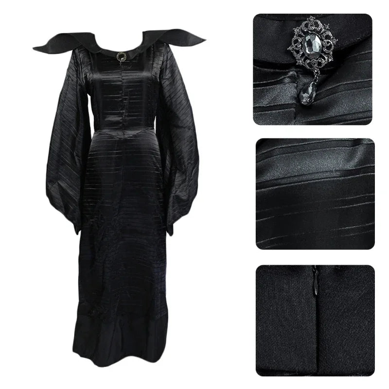 Woman Costume Plus Size Halloween Movie Deluxe Black Long Gown Evil Queen Witch Dress Cosplay Party Costume with Horn Headpiece