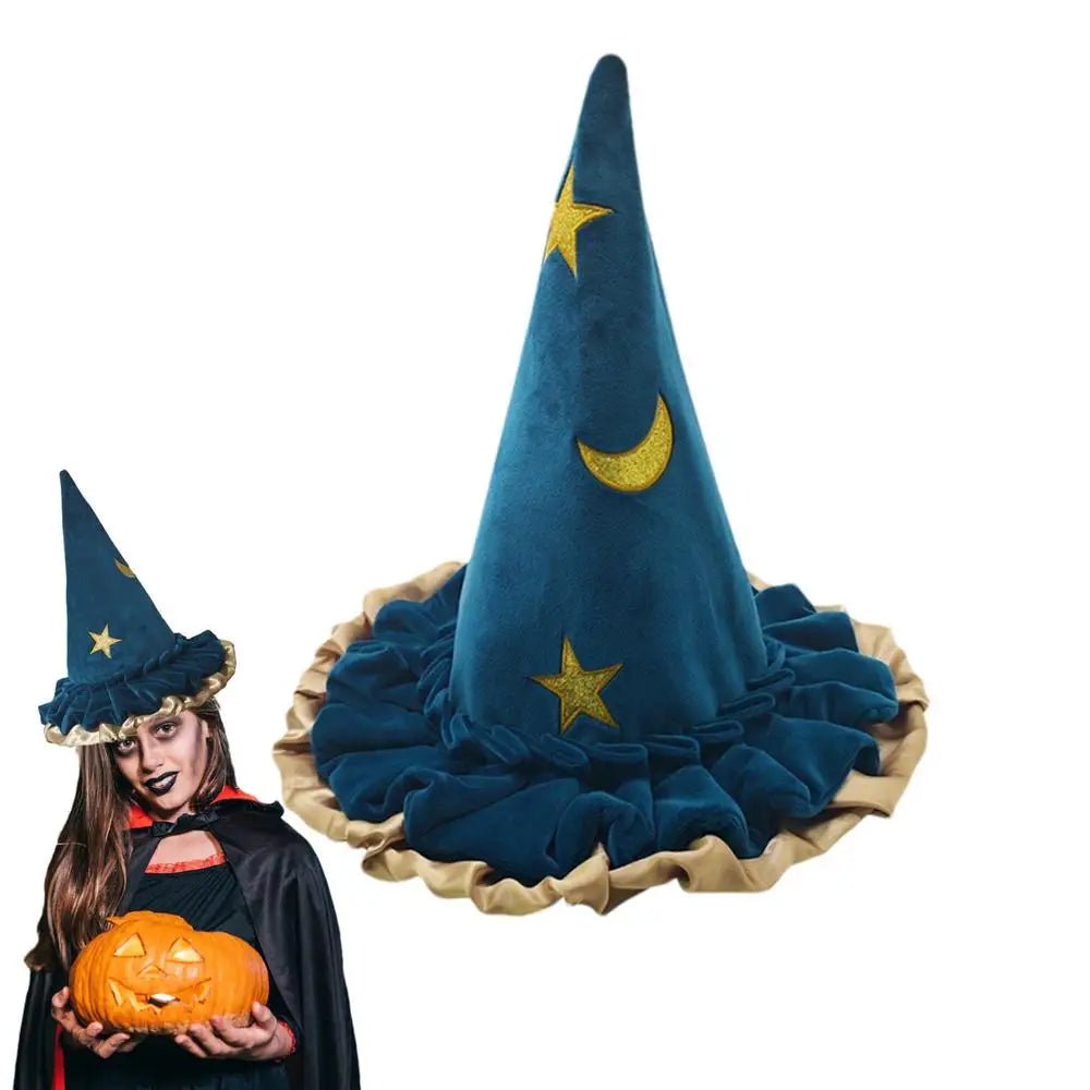 Witch Hat For Women Halloween Witch Hats Women's Fashion Blue Star Moon Pattern Halloween Costume Witch Accessories Adult Wizard