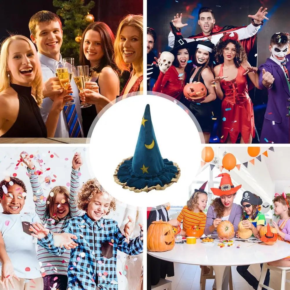 Witch Hat For Women Halloween Witch Hats Women's Fashion Blue Star Moon Pattern Halloween Costume Witch Accessories Adult Wizard