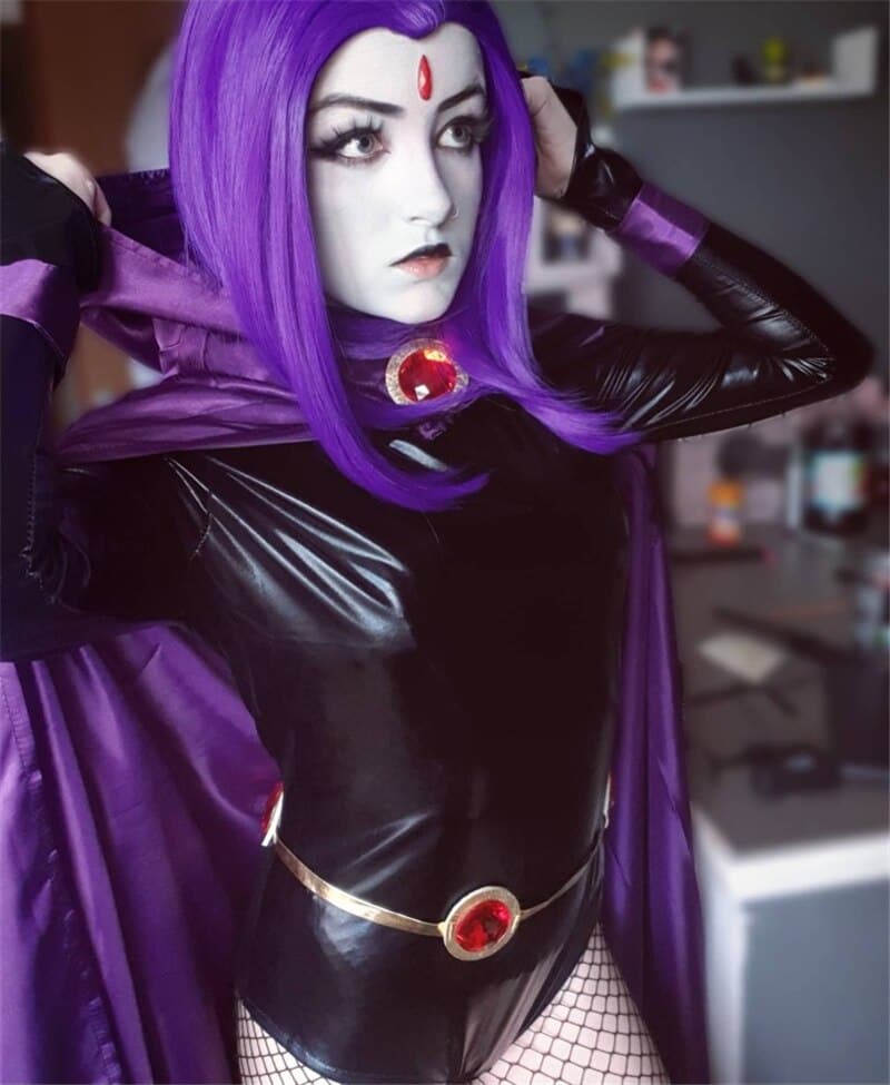 Teen Titans Raven Cosplay Costume Superhero Cloak Jumpsuits Zentai Halloween Tight clothes + Cape + waist jewelry chain