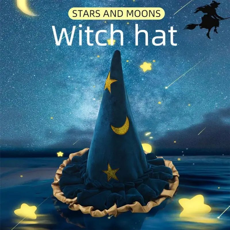 Witch Hat For Women Halloween Witch Hats Women's Fashion Blue Star Moon Pattern Halloween Costume Witch Accessories Adult Wizard