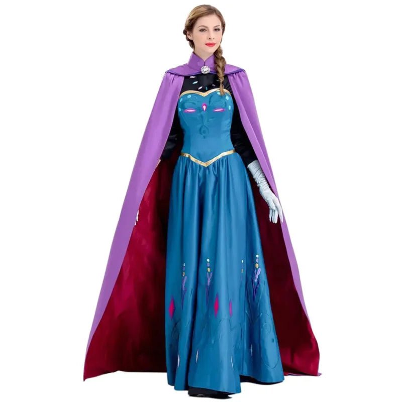 Frozen Anna Princess Long Dress with Clocak Adults Snow Queen Elsa Cosplay Costume Party Dresses for Women Halloween Fancy Dress