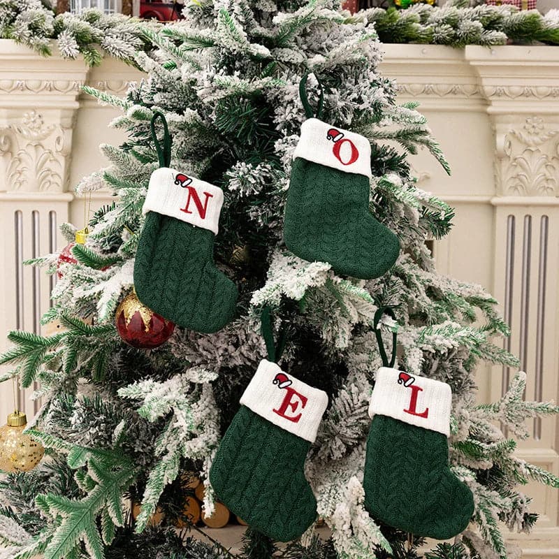 Navidad Natal 2024 Christmas Socks Green Xmas Tree Ornament Gift Knitting Snowflake Letter Stocking Christmas Decoration