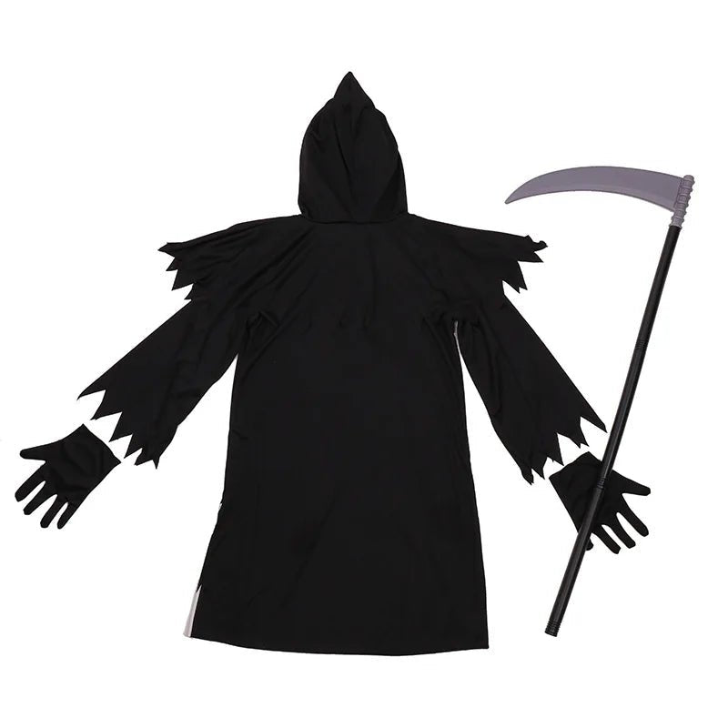 Halloween Costume for Kids Glow Grim Reaper Boys Girls Cosplay Scary Black White Gown Glove Sickle Animation Clothes Suits