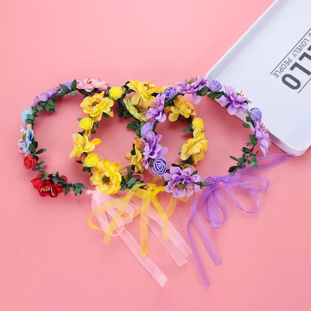 Adjustable Ribbon Flowers Leaves Headbands Girls Floral Wreath Rose Flower Crown Bridal Halo Headpiece Bohemia Garland