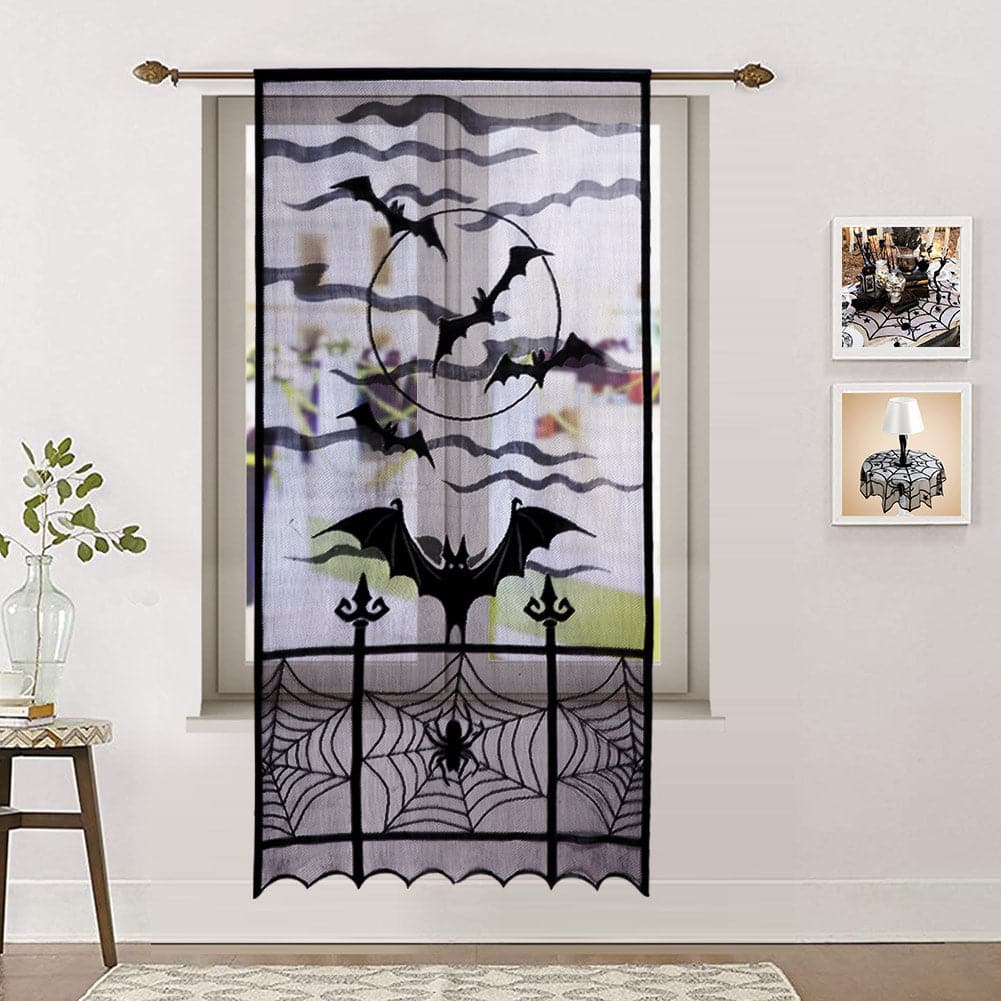 OurWarm  Halloween Curtains Black Bat Halloween Lace Window Curtain Lace Door Curtain Panels for Halloween Window Decoration