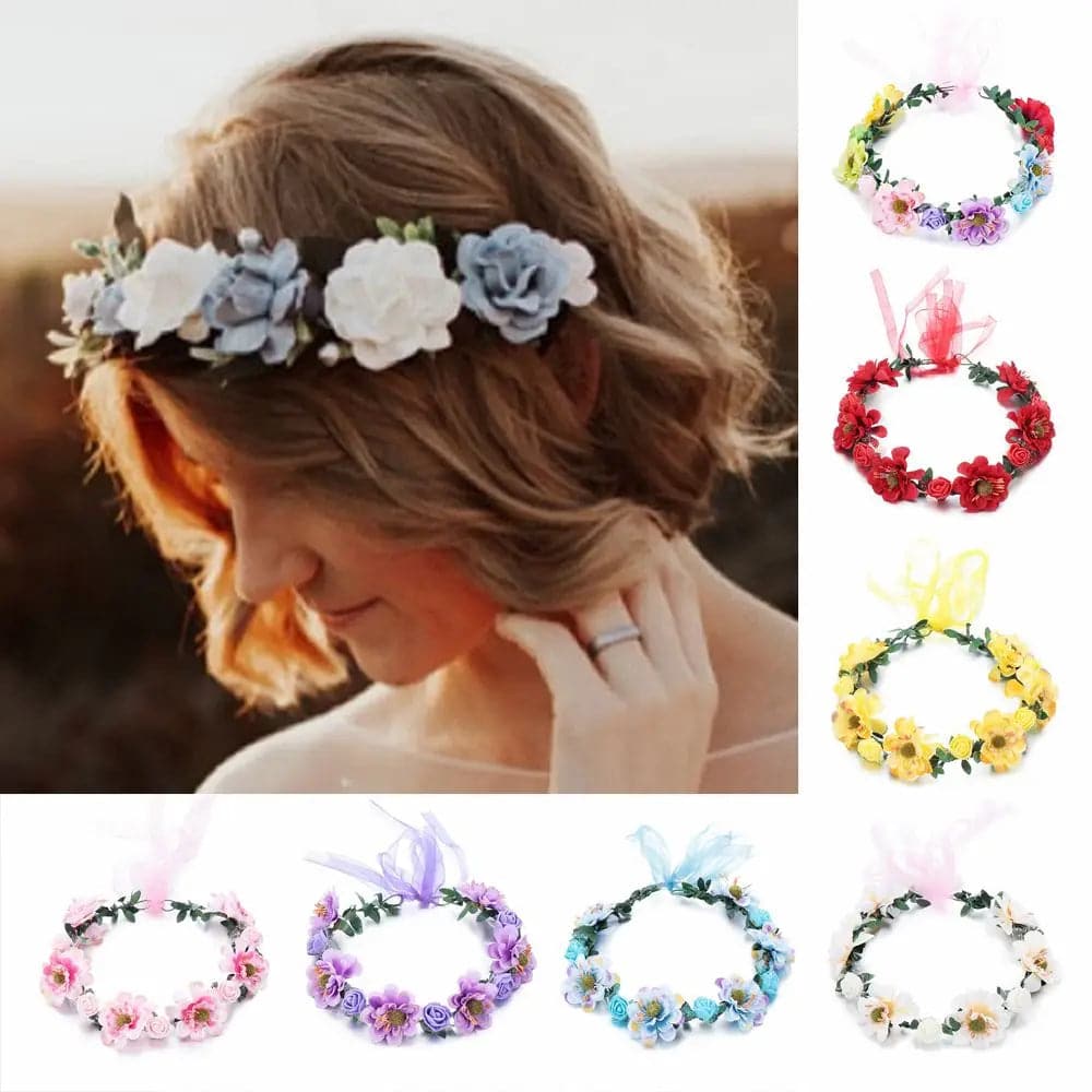 Adjustable Ribbon Flowers Leaves Headbands Girls Floral Wreath Rose Flower Crown Bridal Halo Headpiece Bohemia Garland