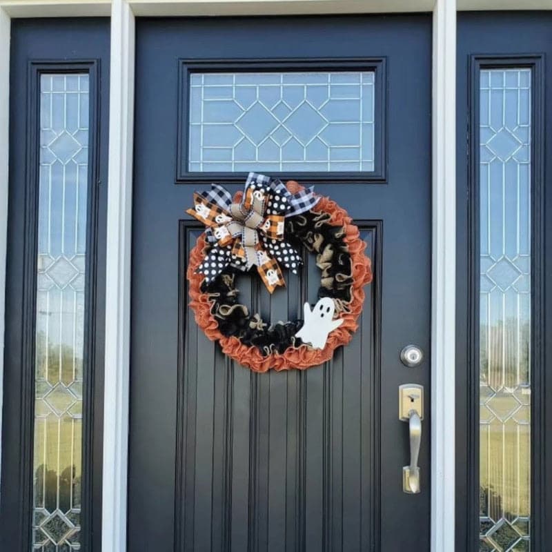 Halloween Little Ghost Wreath Wall Mount Simulated Wreath Ribbon Pendant Halloween Decorative 40x35cm Door Hanging Prop Ornament