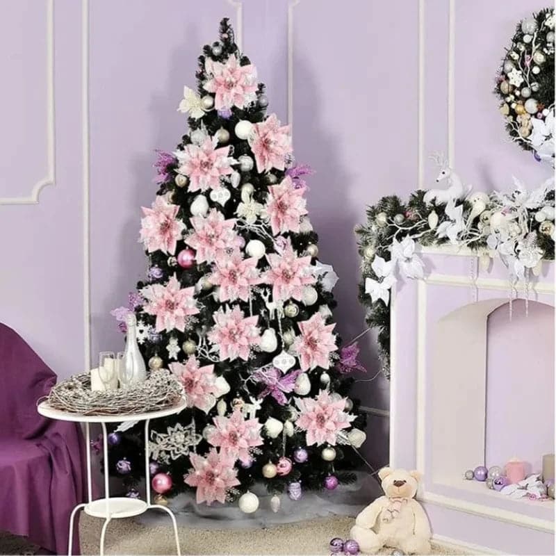 5/10Pcs 14.5cm Sparkling Christmas Decorations Glitter Artifical Flower Doors Windows Christmas Tree Decor for 2024 New Year