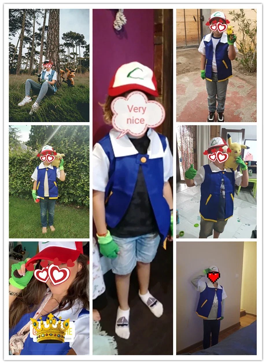 Men Anime Trainer Costume Boys Ash Ketchum Adult Cosplay for Girls Halloween Women Disfraz Party Blue Jacket Cap and Gloves Sets
