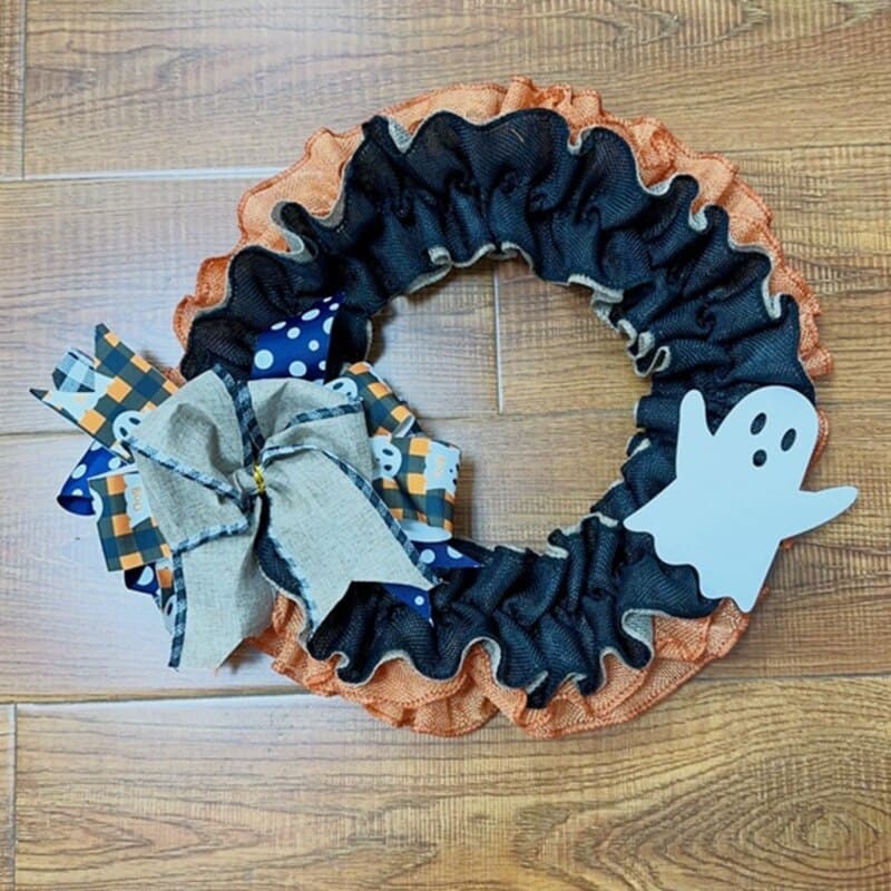 Halloween Little Ghost Wreath Wall Mount Simulated Wreath Ribbon Pendant Halloween Decorative 40x35cm Door Hanging Prop Ornament
