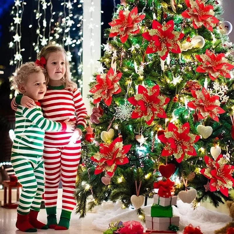5/10Pcs 14.5cm Sparkling Christmas Decorations Glitter Artifical Flower Doors Windows Christmas Tree Decor for 2024 New Year