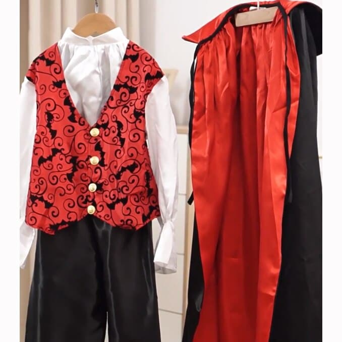 Kids Vampire Costume Capes Robes Black Red Deluxe Fantasia Dress Up Girl Boys Halloween Shirt Vest Pants Cloak Sets Full Length