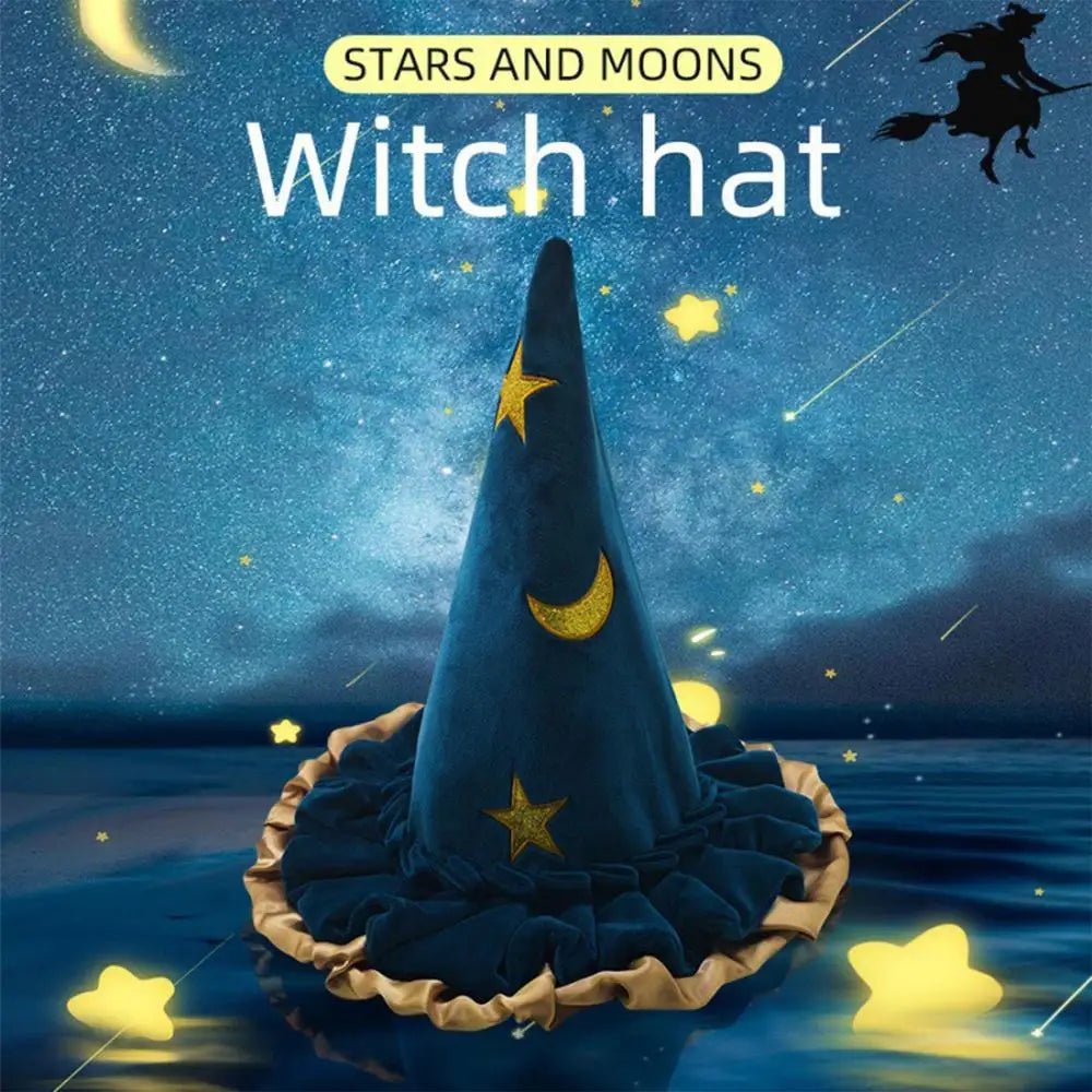 Witch Hat For Women Halloween Witch Hats Women's Fashion Blue Star Moon Pattern Halloween Costume Witch Accessories Adult Wizard