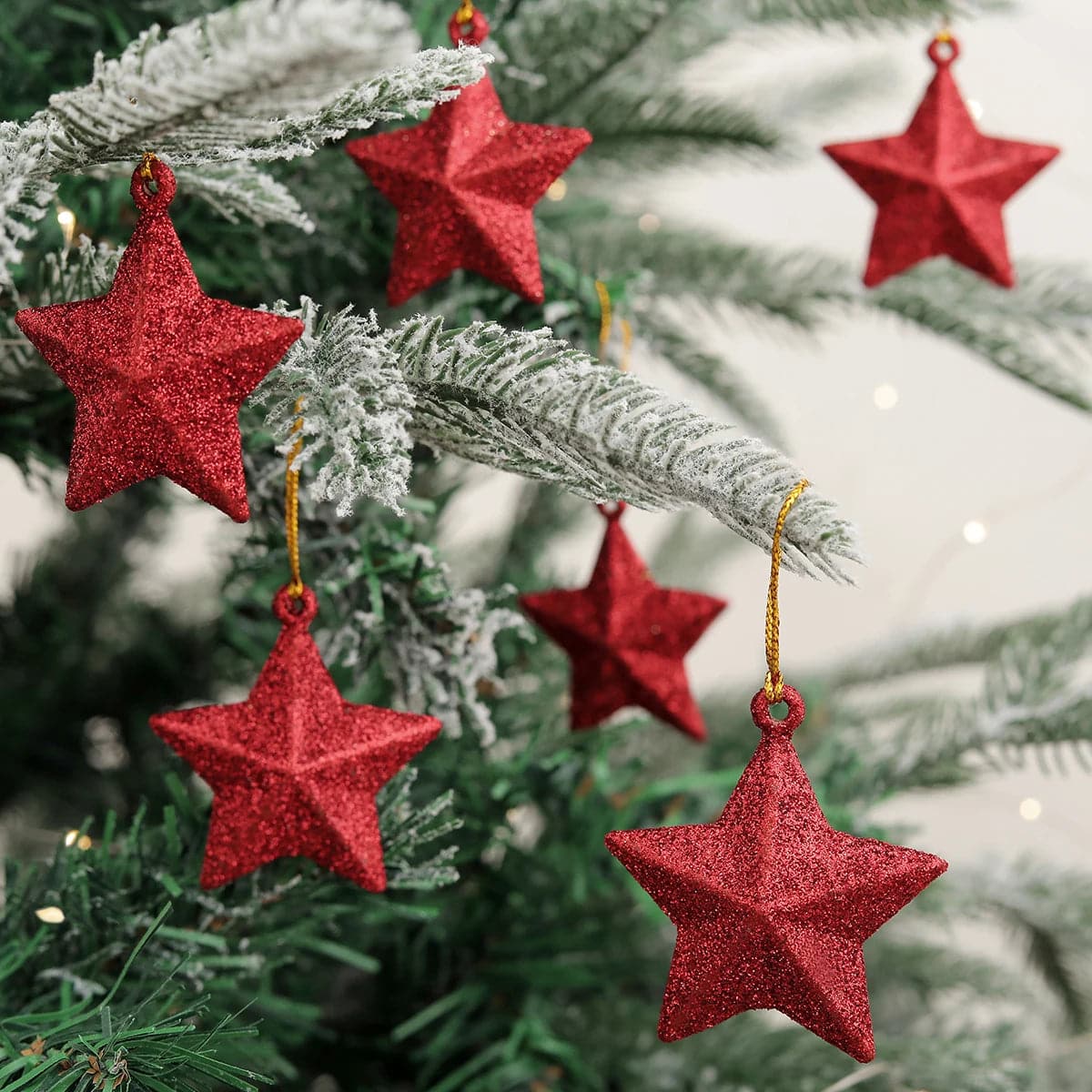 6pcs Decorative arrangement of Christmas tree trumpet glitter five-pointed star pendant