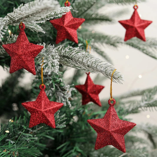 6pcs Decorative arrangement of Christmas tree trumpet glitter five-pointed star pendant