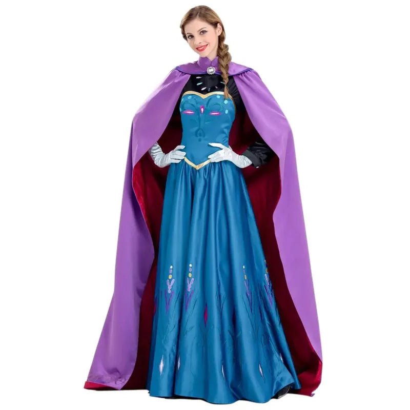 Frozen Anna Princess Long Dress with Clocak Adults Snow Queen Elsa Cosplay Costume Party Dresses for Women Halloween Fancy Dress