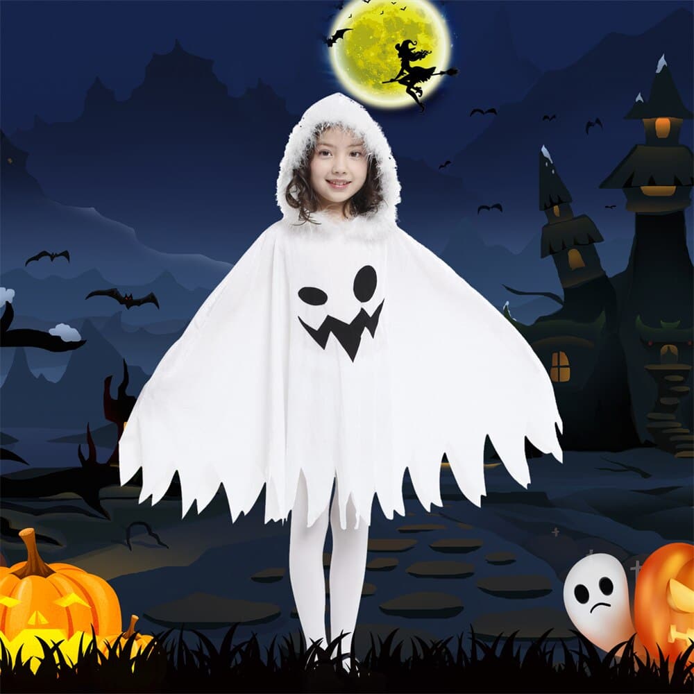 Halloween Carnival Cloak with Hood: White Ghost Costume for Girls
