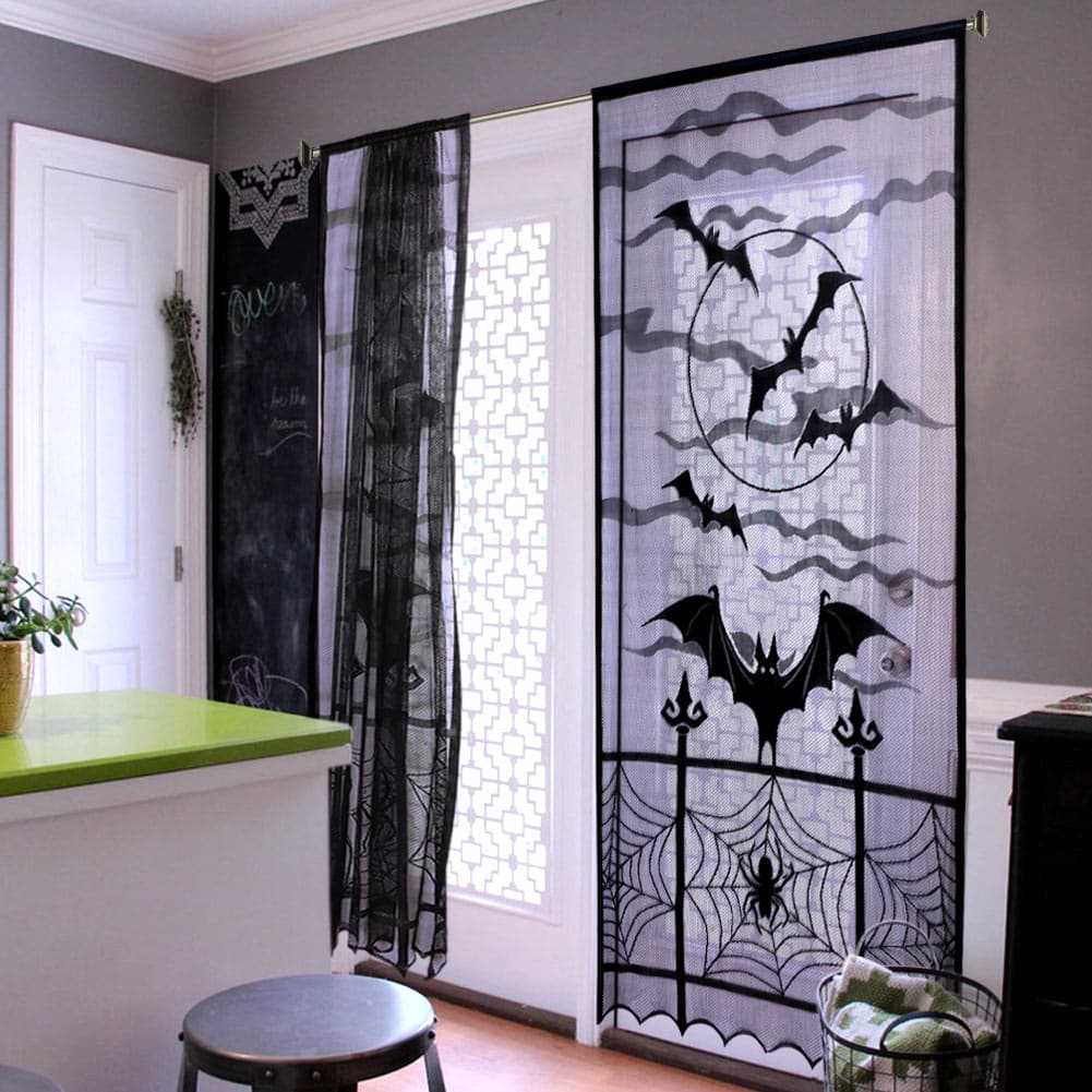 OurWarm  Halloween Curtains Black Bat Halloween Lace Window Curtain Lace Door Curtain Panels for Halloween Window Decoration