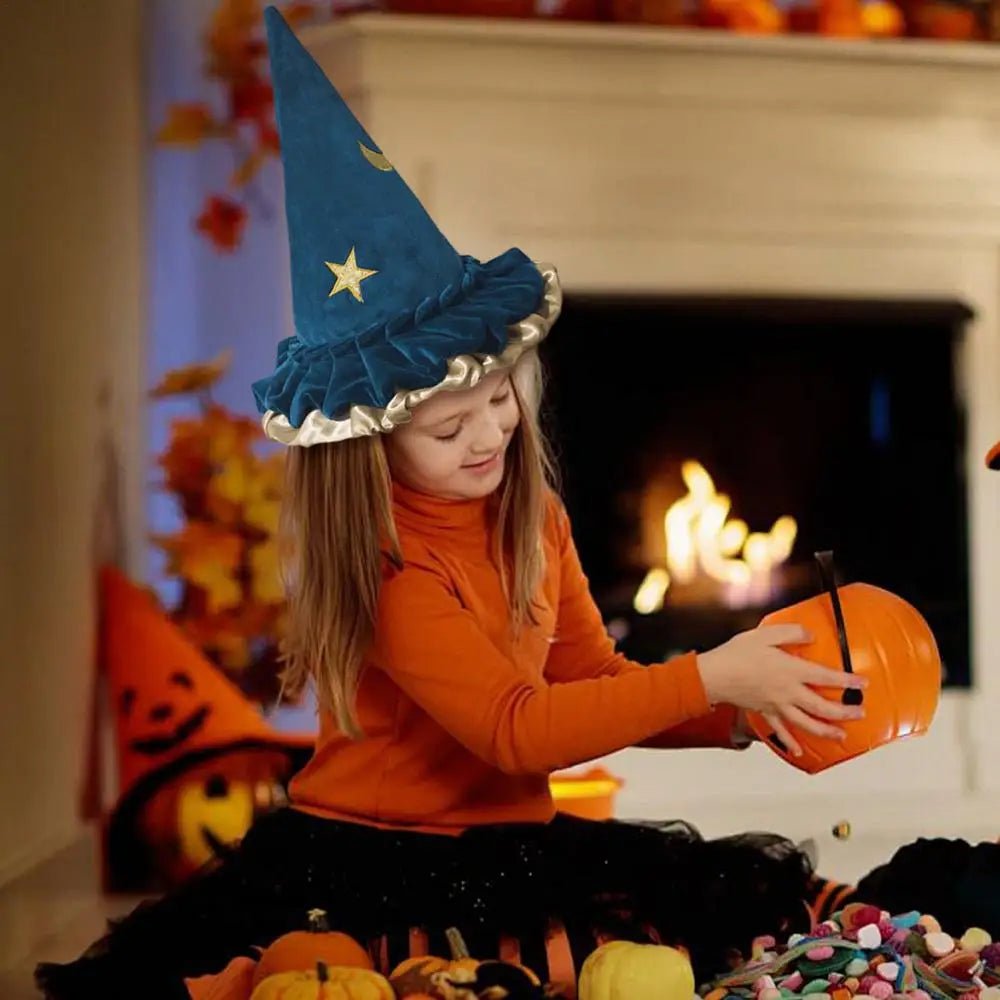 Witch Hat For Women Halloween Witch Hats Women's Fashion Blue Star Moon Pattern Halloween Costume Witch Accessories Adult Wizard