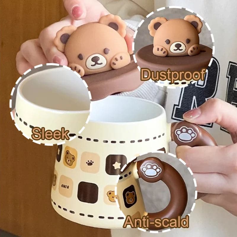 Lovely Bear Cute Coffee Mugs - Cute Ceramic Mug with Lid and Spoon