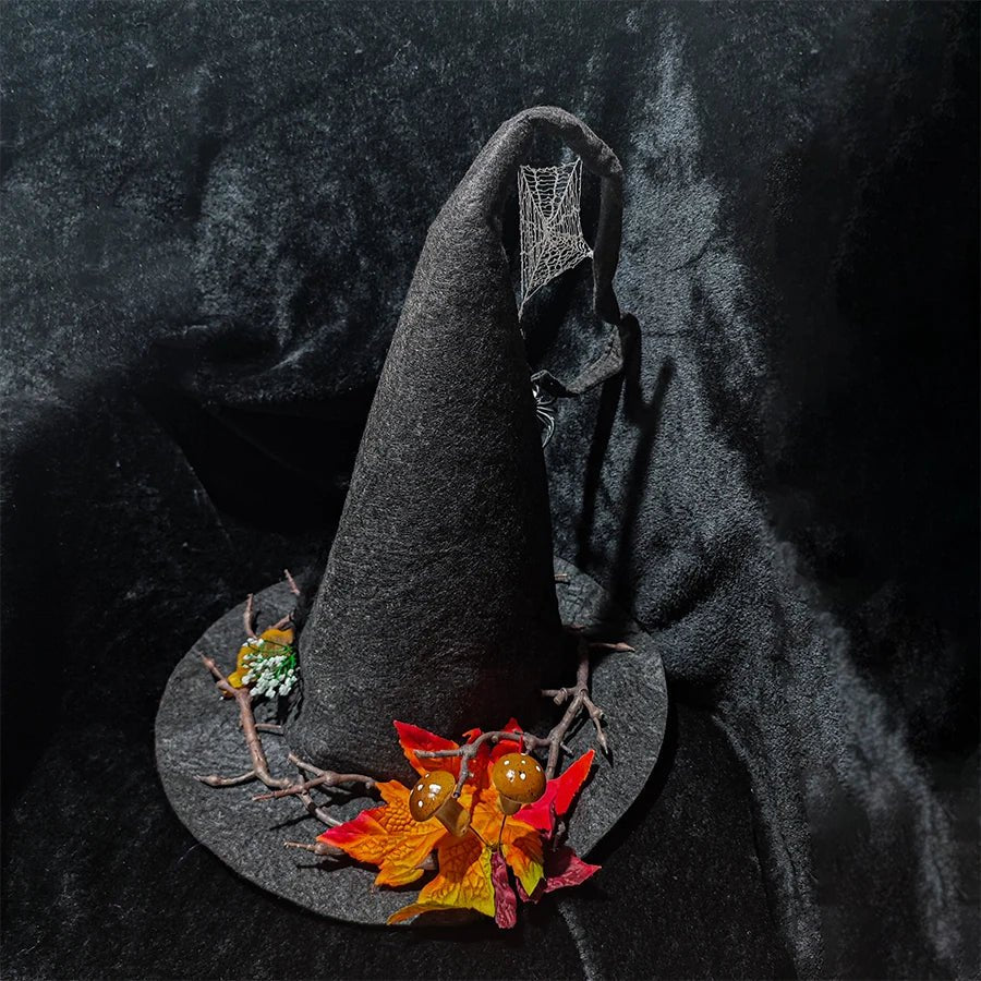 Halloween Witch Hat Cosplay Prop Dress Up Wicked Costume Accessory Spider Web Maple Leaf Hat Flower Mushroom Decor Felt Hat