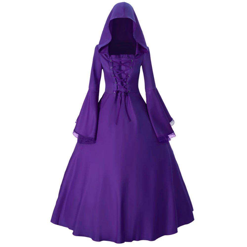Women Long Sleeve Cloak Medieval Retro Dress Lace Up Gothic Dresses Halloween Party Hooded Witch Dress Ball Gown Cosplay Costume