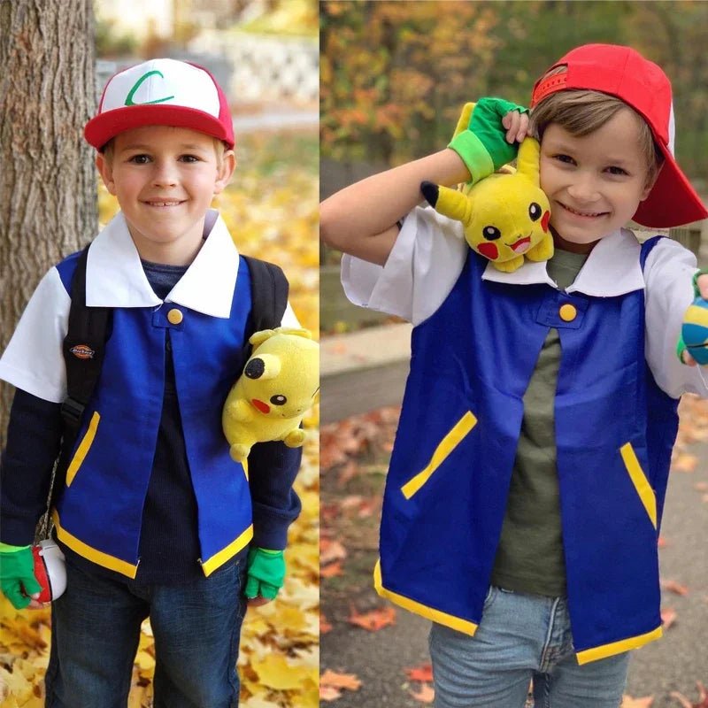 Men Anime Trainer Costume Boys Ash Ketchum Adult Cosplay for Girls Halloween Women Disfraz Party Blue Jacket Cap and Gloves Sets
