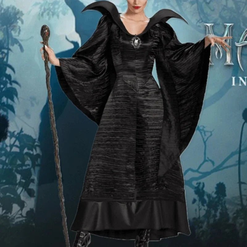 Woman Costume Plus Size Halloween Movie Deluxe Black Long Gown Evil Queen Witch Dress Cosplay Party Costume with Horn Headpiece
