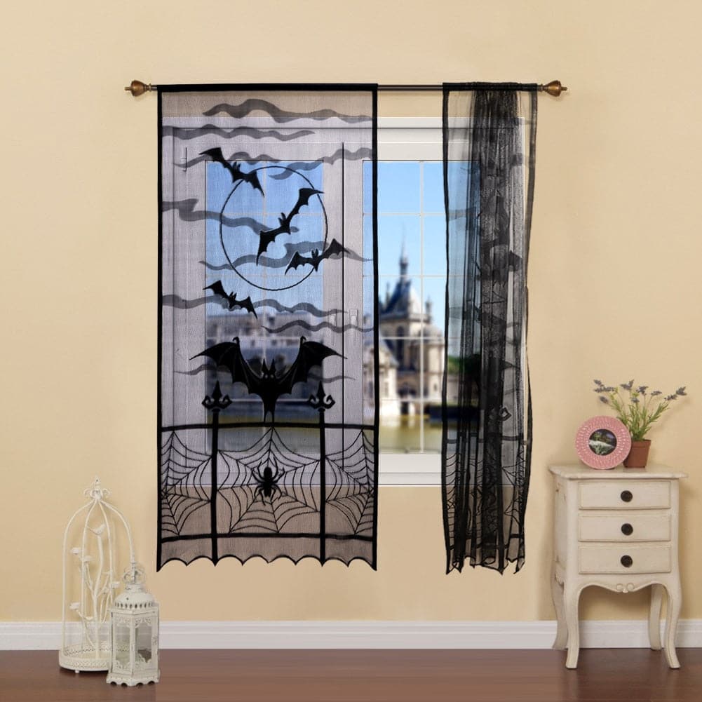 OurWarm  Halloween Curtains Black Bat Halloween Lace Window Curtain Lace Door Curtain Panels for Halloween Window Decoration