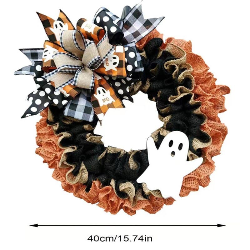 Halloween Little Ghost Wreath Wall Mount Simulated Wreath Ribbon Pendant Halloween Decorative 40x35cm Door Hanging Prop Ornament