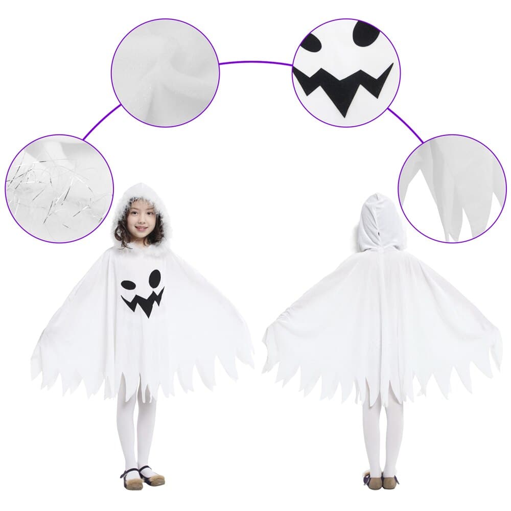 Halloween Carnival Cloak with Hood: White Ghost Costume for Girls