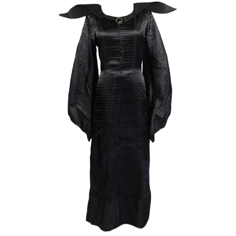 Woman Costume Plus Size Halloween Movie Deluxe Black Long Gown Evil Queen Witch Dress Cosplay Party Costume with Horn Headpiece