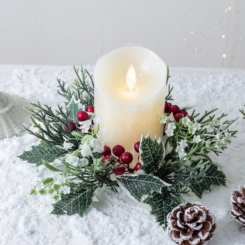 Christmas Candle Garland Candlestick Wreath Artificial Cherry Pinecone Candle Holder Fake Leaves Xmas New Year Home Table Decor
